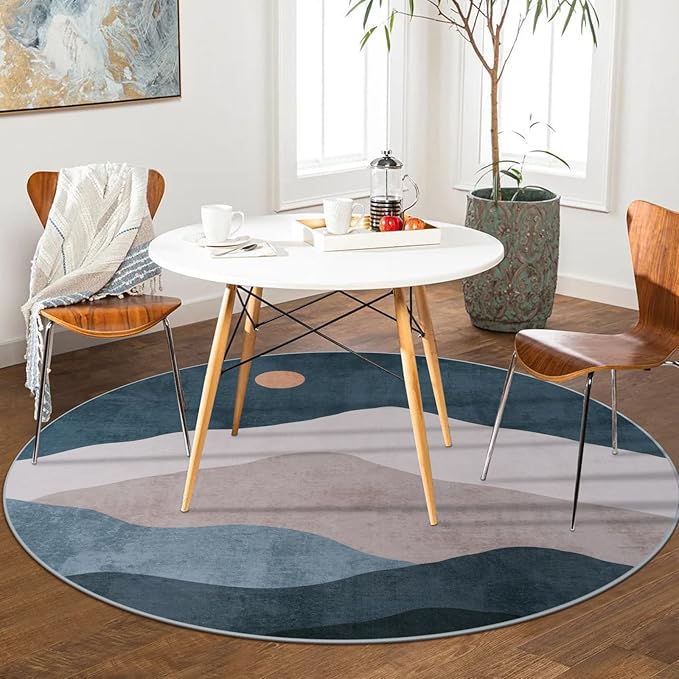 5ft Boho Round Classroom Rug,Abstract Washable Non-Slip Mountain Area Circle Rug,Soft Mountain Low-Pile Circle Throw Rugs for Living Room Sofa Dining Room Decor(Blue)
