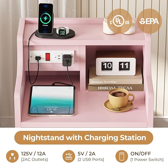 ADORNEVE Nightstand with Charging Station,Pink Night Stand with Hutch,Bedside Table with Drawers,Bed Side Table with Storage