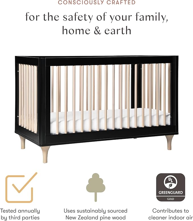 Babyletto Lolly 3-in-1 Convertible Crib with Toddler Bed Conversion Kit in Black and Washed Natural, Greenguard Gold Certified