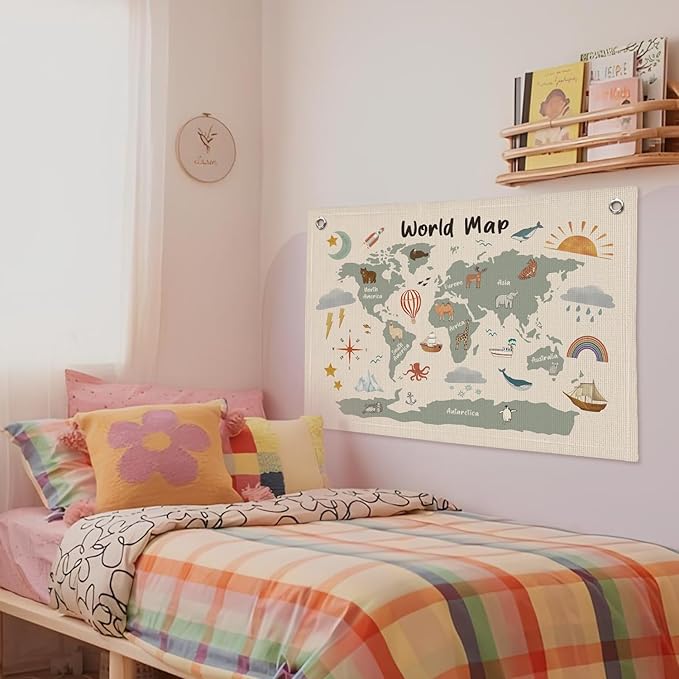 Wheatwin World Maps for Wall, Kids World Map Banner, Cute Animal World Map Educational Tapestry Wall Hanging Banner Flag Decor for Kids Room Classroom Playroom