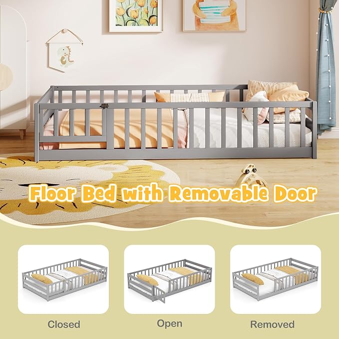 KOMFOTT Twin Size Wood Floor Bed with Door & Fence, Montessori Bed Frame with Full Length Safety Guardrails, Door & Latch, Wooden Montessori Floor Bed for Kids, Girls, Boys (Grey, Twin)