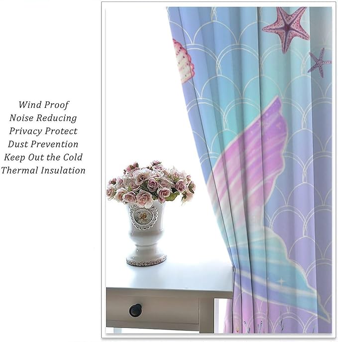 Fantasy Mermaid Curtain Colorful Rainbow Fish Tail Ocean Theme Beautiful Kids Window Treatment for Girls Bedroom Nursery Room Decor Rod Pocket Window Drapes 42x63in