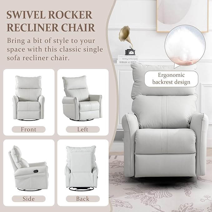 Swivel Rocker Recliner Chair, Upholstered 360° Fabric Leather Glider Rocker Chair for Nursery, Manual Small Recliners for Small Spaces Living Room Weight Capacity 300lbs