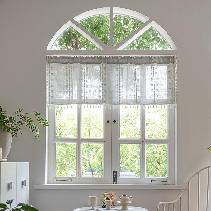 Deeprove Boho Valance Kitchen Short Curtain Tassel, Textured Striped Drape Tier Embroidered Shabby Chic Window Treatment for Cafe Dinging Room Closet, W52 x L18 inch Single 1 Panel Silver Grey