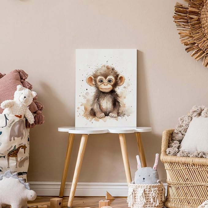 Woodland Nursery Decor, Baby Room Decor, Monkey Boy Decorations For Safari Nursery Kids Toddler Boy Girl Room Playroom, Animal Wall Art Prints Poster 11x14 Inches Framed