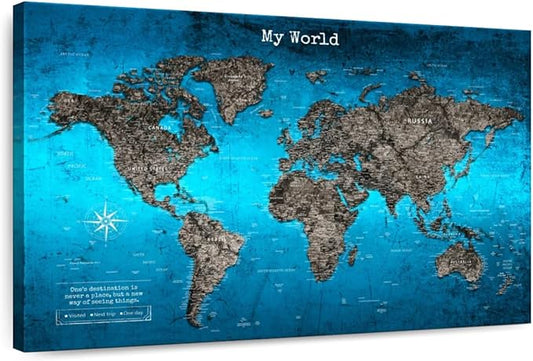 ElephantStock - My World Push Pin Travel Map Iii Wall Art - Horizontal Canvas Wall Art - Living Room Wall Decor - Digital Art Map Canvas Art - Turquoise And Blue Decor - 51" x 34"