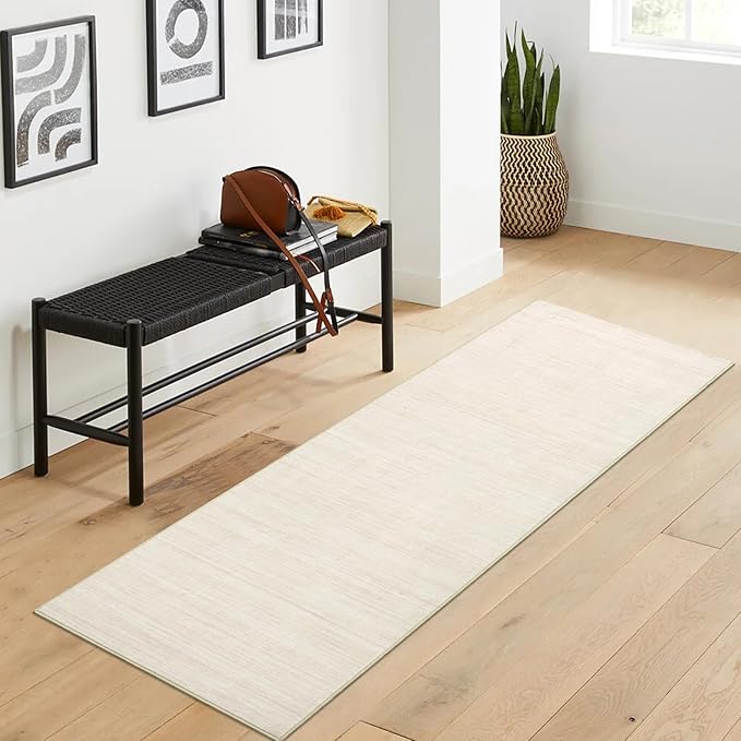 Hallway Runner Rug 2.5x8 Washable Non Slip Kitchen Runner Rugs Low Pile Modern Solid Color Living Room Rugs Minimalist Plain Entry Long Runners Boho Accent Solid Runner Rugs for Bedroom Nursery, Ivory