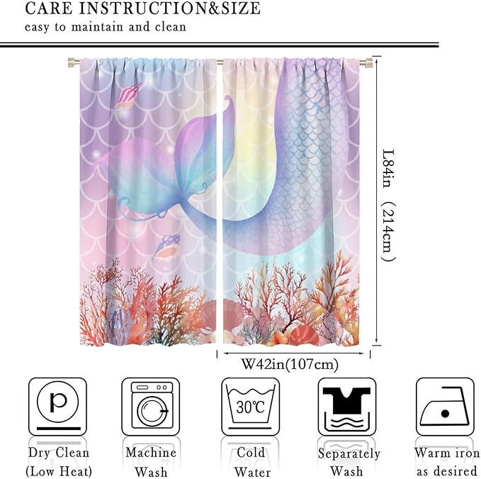 Dream Mermaid Curtains Colorful Mermaid Fish Tail Scale Fantasy Ocean Theme Beautiful Kids Window Treatment for Girls Bedroom Nursery Room Decor Rod Pocket Window Drapes 84x84in