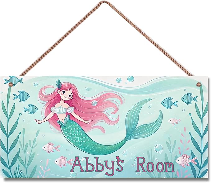 Personalized Sign Mermaid Decor For Girls Room and Baby Nursery Kids Bedroom Custom Name Wood Plaque Hanging Plate Ocean theme Wall Art Decor