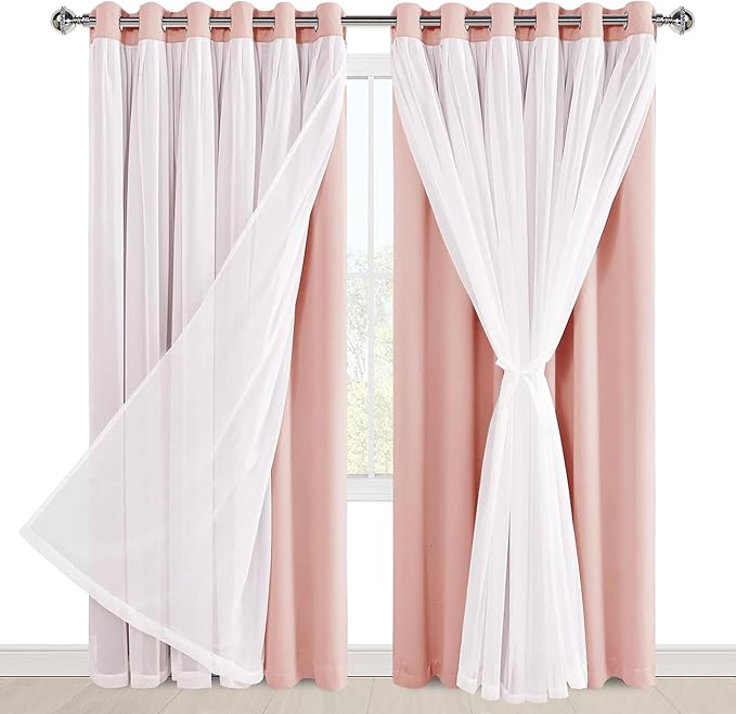 Hiasan Blackout Curtains with Sheer Overlay, Thermal Insulated Mix & Match Double Layer Room Darkening Window Curtains for Bedroom,Living Room,Nursery 2 Panels with Tiebacks (70W X 84L,Blush Pink)