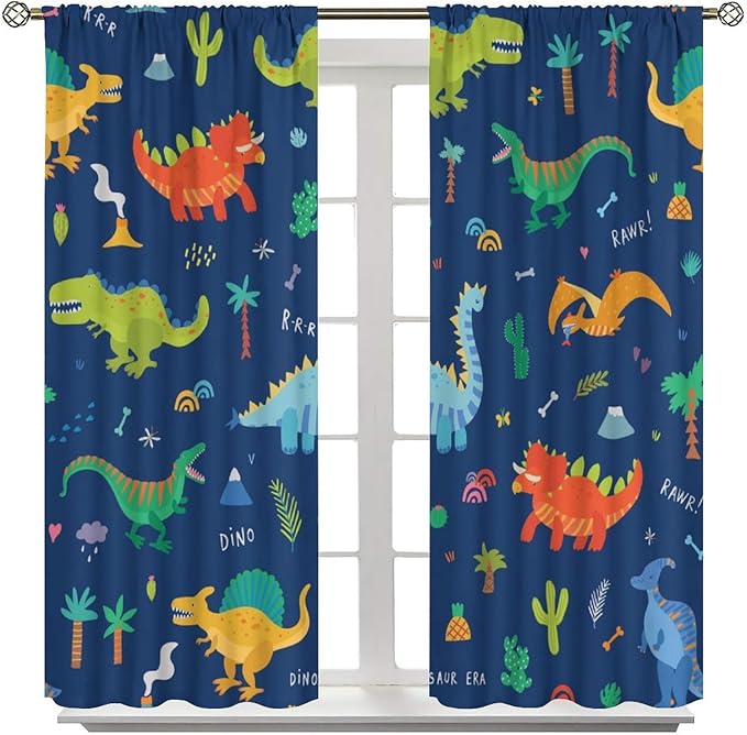 Funny Dinosaur Blackout Curtains Colorful Cartoon Animals Dino Tropical Plant Art Print for Kids Boys Bedroom Living Room Rod Pocket Decoration Window Drapes 2 Panels W36xL63in