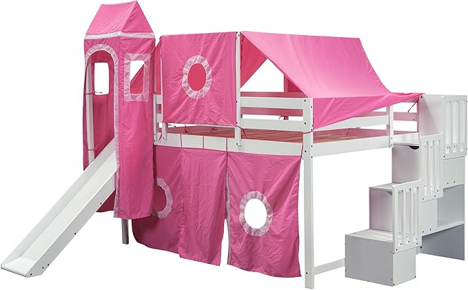 Playhouse Full Size Low Loft Bed with Slide & Tent and Tower, Solid Wood Tent Bed Frame with Storage Staircase for Kids Teens Boys Girls, Versatile Spacious Under Bed Space with Curtains (Pink-TXF)