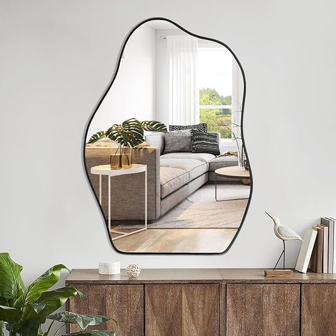POZINO Irregular Shaped Mirror, 28"x20" Asymmetrical Mirror, Modern Wavy Mirrors, Funky Mirrors for Wall Decor Living Room Bathroom Bedroom Entryway