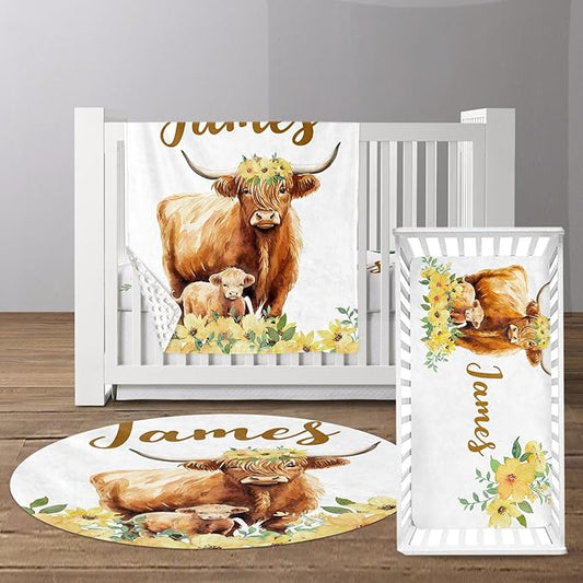 Custom Baby Crib Bedding Set - Highland Cow Design Personalized Name Yellow Flower Baby Nursery Bedding 3 Pcs Set - Chic Soft Blanket, Fitted Sheet, Room Rug for Newborns Boys Girls Gifts
