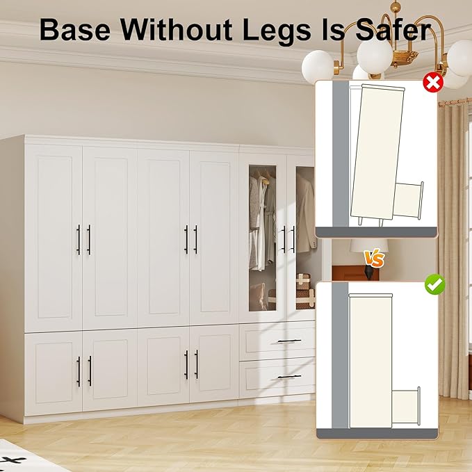 Armoire Wardrobe Closet with Glass Door: White 6 Door Wood Wardrobe Closet Combination Wooden Bedroom Armoire 2 Drawer with Hanging Rods for Home/Bedroom/Living Room