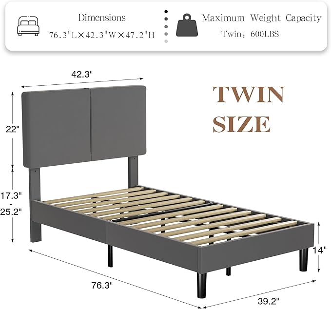 VECELO Twin Bed Frame with Type-C & USB Ports, Upholstered Platform Height-Adjustable Cotton and Linen Headboard,No Box Spring Needed, Noise-Free, Easy Assembly, Dark Grey