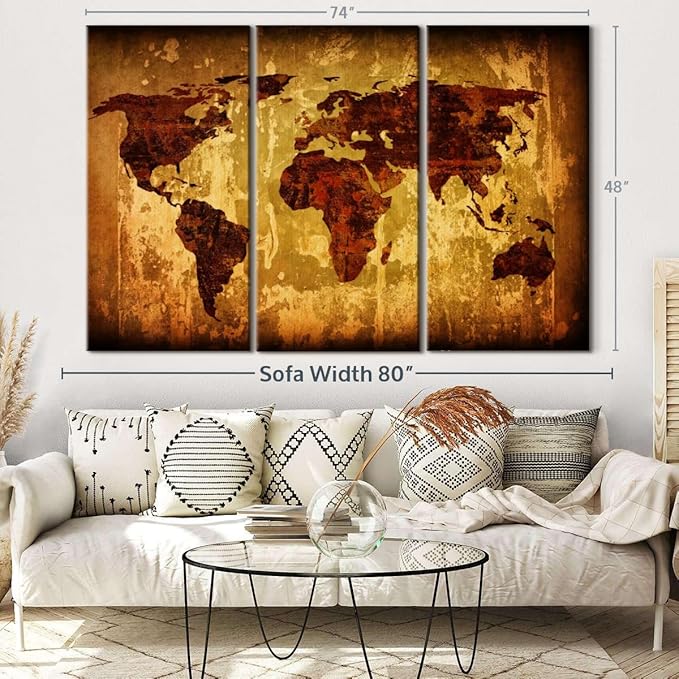 ElephantStock Vintage World Map Wall Art Multi Piece Canvas - 3 Piece Canvas World Map Wall Decor -Wall Decor - Ready-to-Hang Print - Vintage Wall Art - 74" X 48"