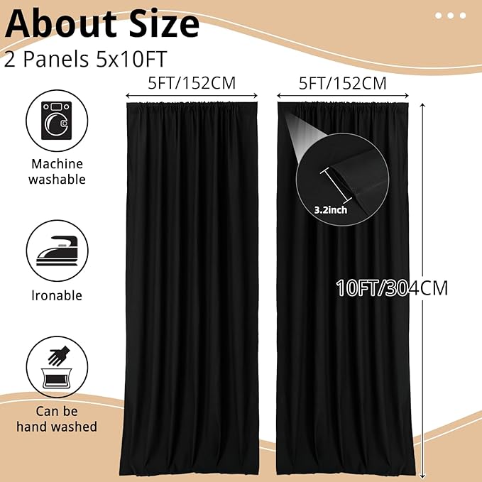 10x10FT Black Curtains Backdrop for Parties, Wrinkle Free Black Photo Backdrop Curtains Drapes for Party Birthday Wedding Halloween Decoration Photography,5ft x 10ft, 2 Panels