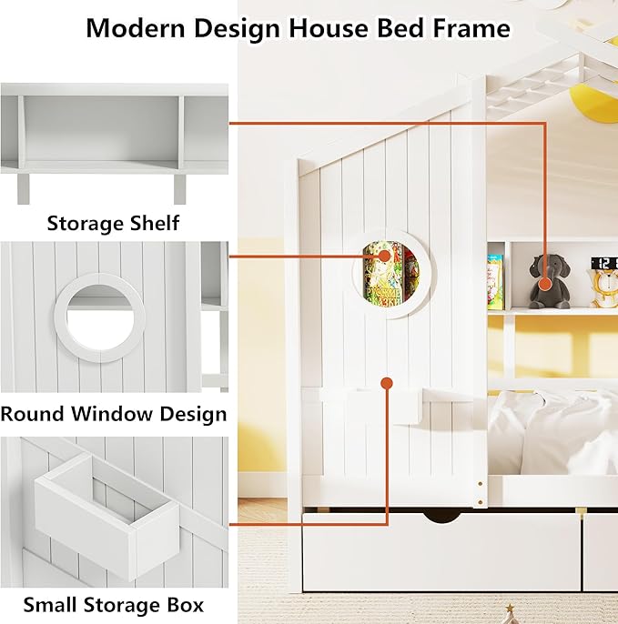 Aoowow Twin Size House Bed with Storage Shelves and Drawers, Wood Platform Kids House Bed with Window and Roof for Bedroom, Twin Playhouse Bed Frames for Boys Girls, Can be Decorated, White