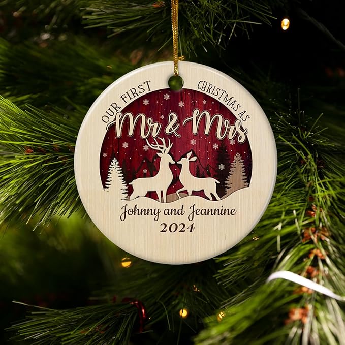 wowcugi Personalized First Christmas As Mr and Mrs Ornament Personalized Reindeer Couple Ceramic Ornaments Engagement Ornament Wedding Keepsake Gifts for Newlywed Xmas Tree Decorations