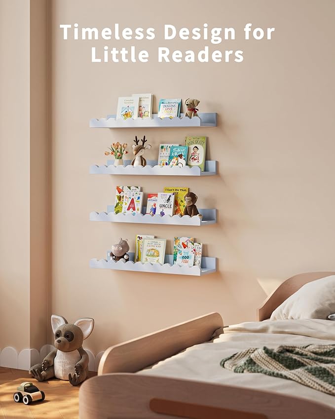 Shario Nursery Book Shelves, 4-Pack White Floating Shelves for Wall Kids, Scalloped Shelves, Wall Book Shelves for Bedroom Kids, Toddler Room, Baby Room, Nursery Decor (Blue, 16.5 Inches)
