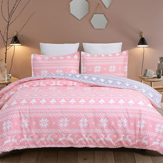 Soft Brushed Microfiber Duvet Cover Set with Zipper Closure and Corner Ties, Reversible Design for Christmas Holiday, Pink and Grey Color-King Size