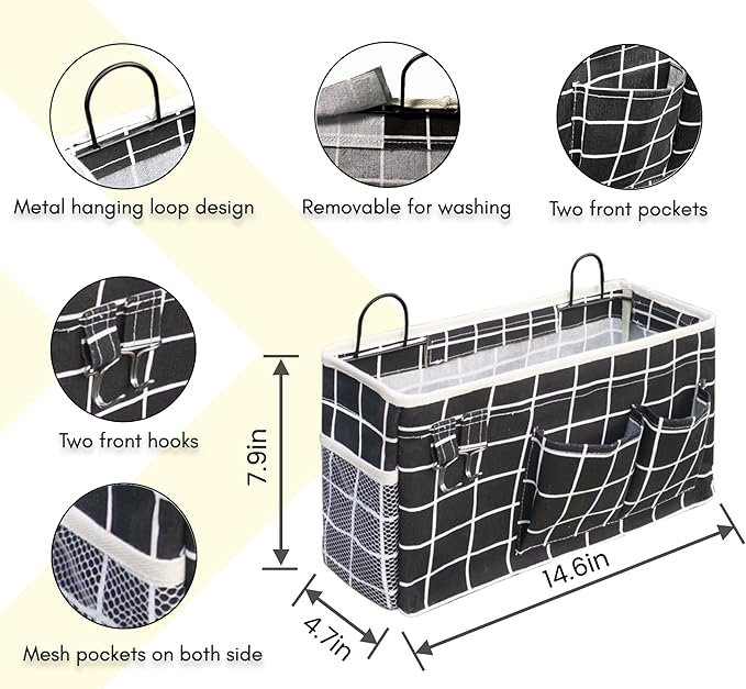 2pcs Large Wall Hanging Organizer Bag, Linen Fabric Door Hanging Storage Baskets with Pockets, Waterproof Bin for Kitchen, Bedroom, Office, RV Camper (Black)