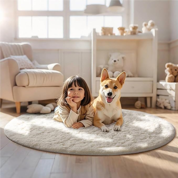 Ophanie Round Rugs 5Ft Ivory Circle Area Rug, Aesthetic Room Decor, Christmas Nursery Bedroom Carpet, Fluffy Fuzzy Plush Soft Shaggy Cream Living Room Rugs for Kids Home
