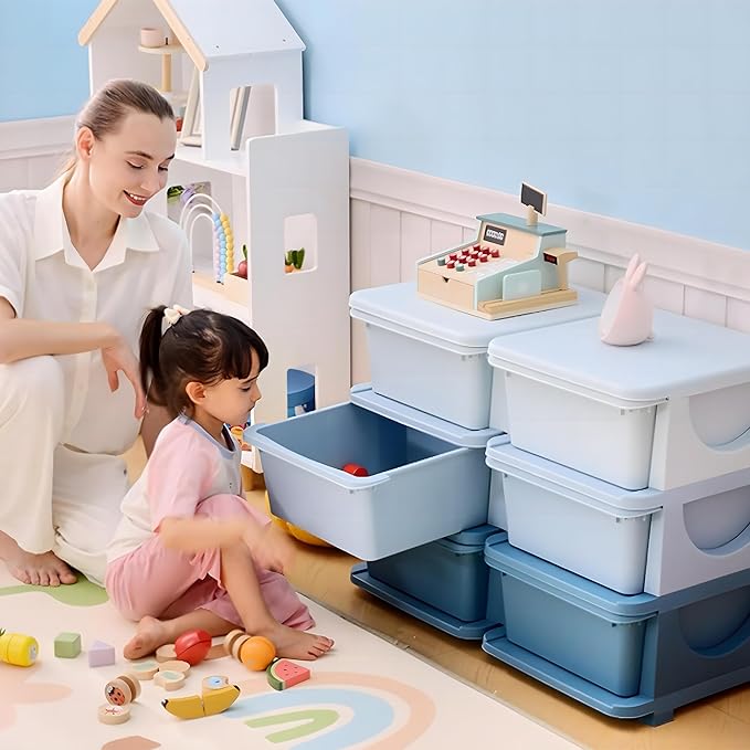 Qaba 3 Tier Kids Storage Unit, 6 Drawer Chest Toy Organizer Plastic Bins for Kids Bedroom Nursery Kindergarten Living Room for Boys Girls Toddlers, Blue