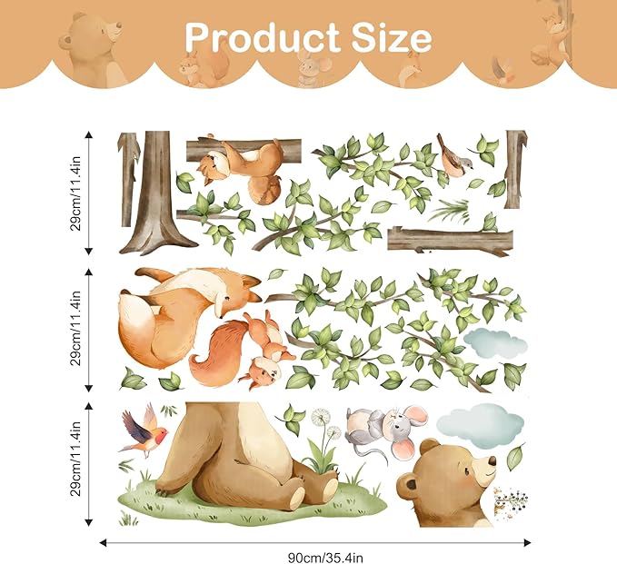 Tanlaby Forest Animals Tree Wall Decals Bear Fox Safari Wall Stickers Peel and Stick Large Green Tree Art Decor for Baby Nursery Kids Toddler Bedroom Playroom