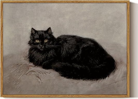 ARPEOTCY Vintage Framed Canvas Wall Art, 12x16inch, Black Cat Artworks, Modern Animal Oil Paintings Decor, Retro Classical Prints Hanging Wall Decor for Bathroom Living Room Bedroom Office
