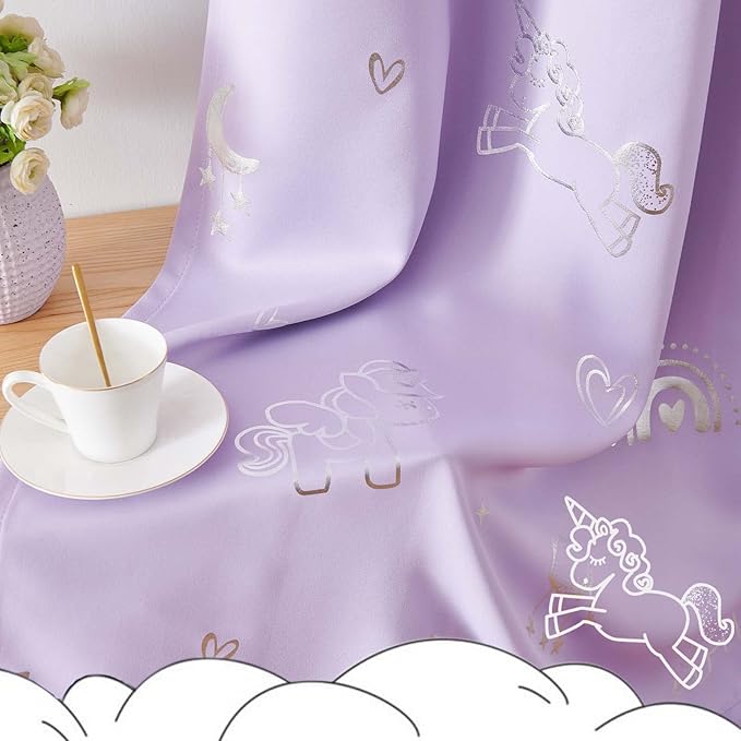jinchan Purple Blackout Unicorn Curtains for Girls Kids Room Thermal Insulated Room Darkening Rainbow Curtains for Girls Bedroom Silver Foil Printed Grommet 84 Inches Long Purple Lilac 2 Panels
