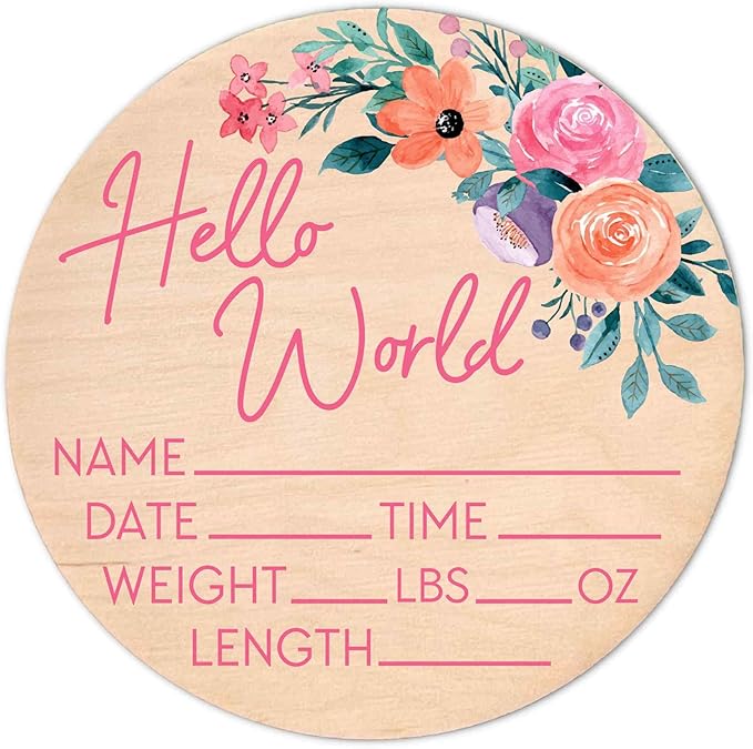 Hello World Newborn Sign - Baby Name Birth Announcement Plaque for Hospital - Photo Prop - Floral Pink Nursery Decor - Shower Gift