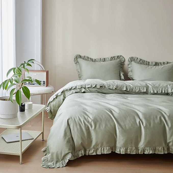 Simple&Opulence Kids 100% Organic Cotton Twin Duvet Cover Ruffle 2Pcs(1 Comforter Cover 1 Pillowcase) Cute Lace Vintage Boho Shabby Chic Farmhouse Bedding Set Teen Girls(Sage Green, Twin)