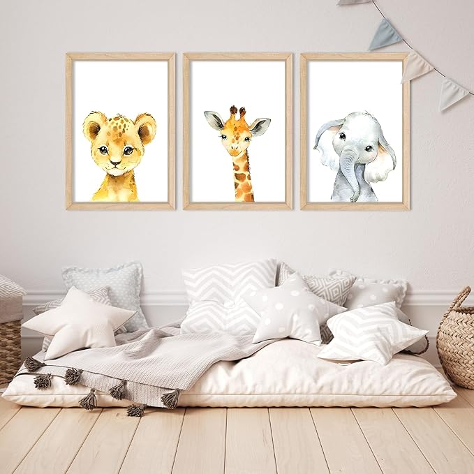 YWJKWLGS Baby Safari Nursery Wall Decor 16"x11" Set of 3 Cute Animal Giraffe Elephant Lion Prints Sign Wood Framed for Children's Room Wall Art (Wood)