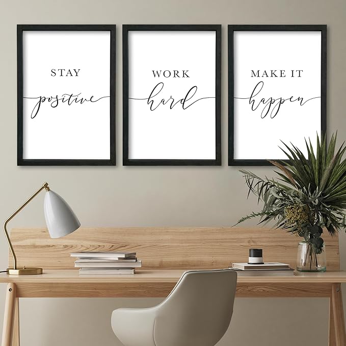 YWJKWLGS Inspirational Office Wall Art Set 11x16 Inch 3 piece Motivational Quotes Wall Decor Stay Positive Work Hard Make It Happen Signs for Home & Office Wood Framed Hanging (Black)