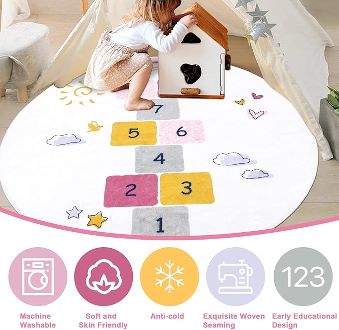 HiiARug Hopscotch Kids Rug Round 5Ft Fun and Educational Playroom Rug Soft Durable Rainbow Floor Carpet Kid’s Play Mat for Bedroom, Playroom, Nursery, Gift for Girls & Boys(Colorful)