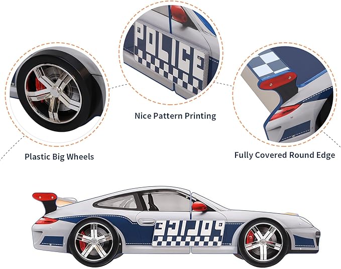 HMFULE Twin Bed Frames for Kids, Wood Hero Patrol Police Car -Shaped Bed Frame Platform with Wheels LED Lights & Slat Support for Toddler, Teens, Boys or Girls, No Box Spring Needed (Blue)