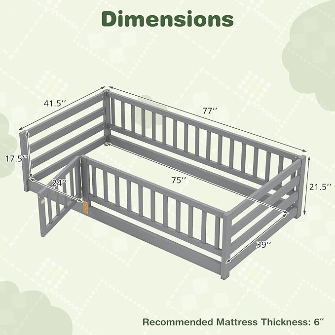 KOMFOTT Twin Size Wood Floor Bed with Door & 21.5” Fence, Montessori Bed Frame with Full Length Safety Guardrails, Door & Latch, Wooden Montessori Floor Bed for Kids, Girls, Boys