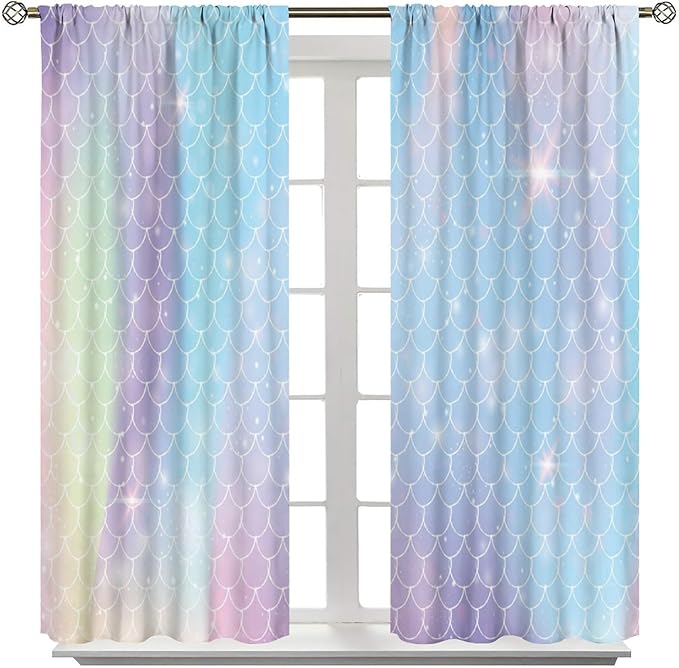 Mermaid Curtains, Kids Cartoon Watercolor Sea Animals Mermaid Princess Scales Pattern Print Living Room Decoration for Kids Girls Bedroom Nursery 63x72 Inch