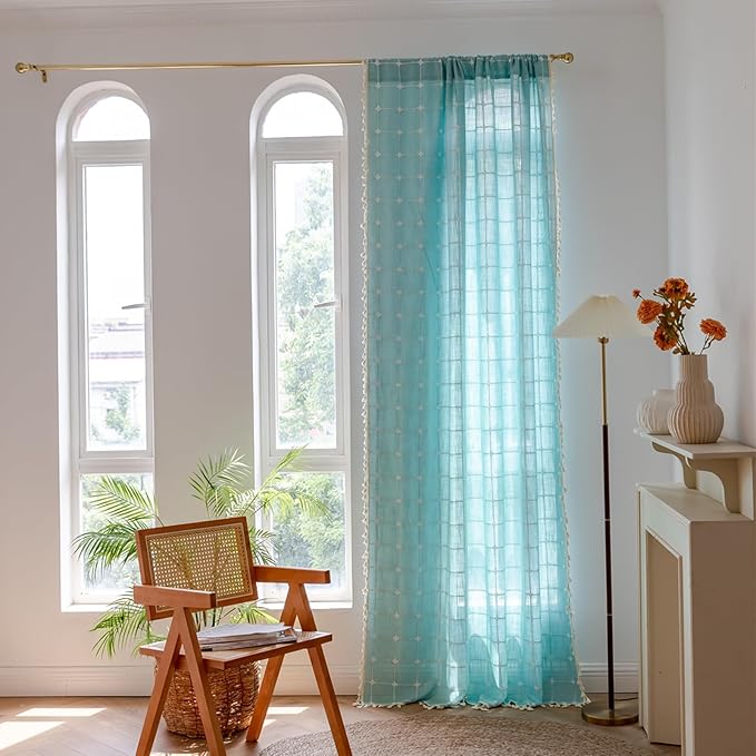 Deeprove Boho Plaid Curtains 63 inch for Home Office Kitchen Nursery Playroom, Semi Blackout Farmhouse Tassels Window Treatment Bohemian Embroidery Drape Rod Pocket 1 Panel 52" W x 63" L, Aqua