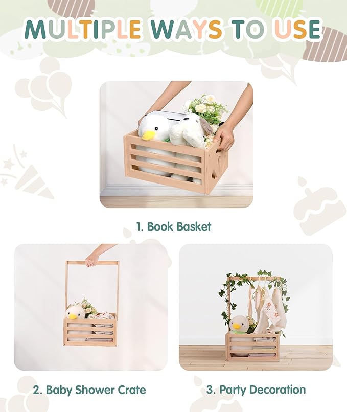 Wooden Baby Shower Crate Closet, Baby Shower Basket with Garland, Welcome Gift Basket Wooden Crate for Baby Shower, Newborn Boys Girls Pregnancy Gifts for New Parents-13.5" L