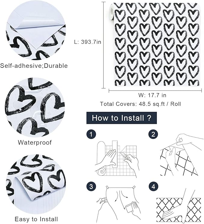 Timeet Modern Black White Wallpaper Peel and Stick Wallpaper Heart Contact Paper Vinyl Self Adhesive Wall Paper for Kids Room Bedroom Laundry Decoration Vinyl Roll 17.7"x394"