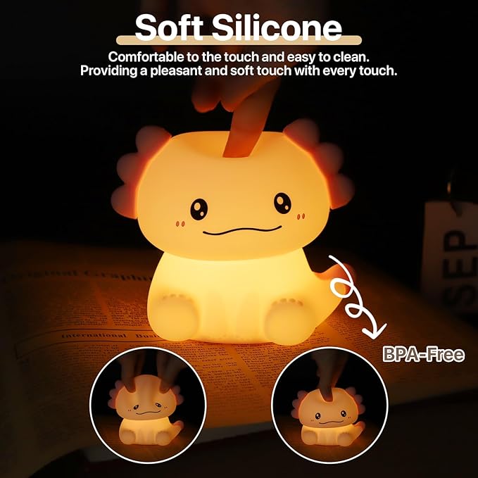 Cute Axolotl Night Light for Kids Rechargeable, Battery Operated Nightlight 3 Level Dimmable with RGB&Timer, Silicone Touch Nursery Lamp for Baby Girls Boys Bedroom Gifts