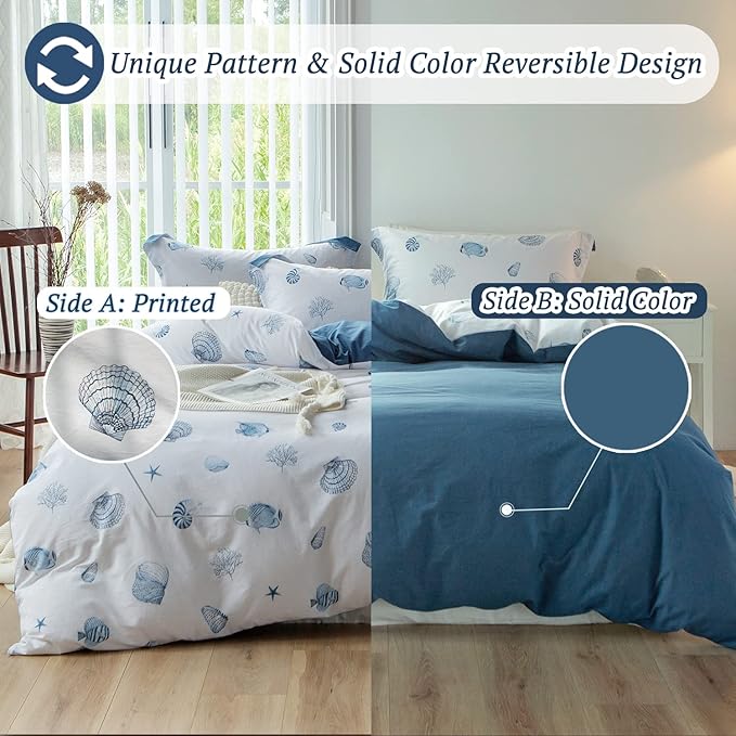MILDLY 100% Washed Cotton Duvet Cover - Seashell Blue Comforter Cover Set Nautical Coastal Pattern Bedding Set with Zipper Closure 4 Ties Full Size