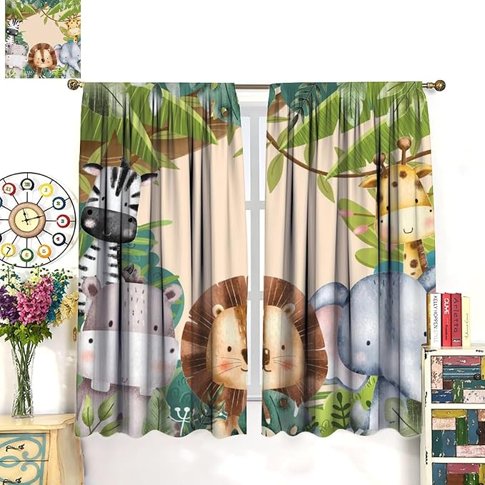 Jungle Animals Curtains Colorful Forest Cartoon Wildlife Lion Giraffe Elephant for Kids Boys Girls Nursery Bedroom Living Room Blackout Rod Pocket Decoration Window Drapes 2 Panels W21xL45in