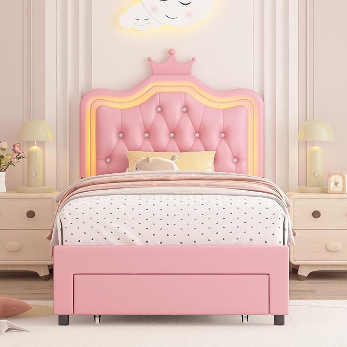 Keyluv Twin Upholstered LED Bed Frame with Storage Drawer, Leather Princess Platform Bed with Adjustable Crystal Button Tufted Crown Headboard, Solid Wooden Slats Support, No Box Spring Needed, Pink