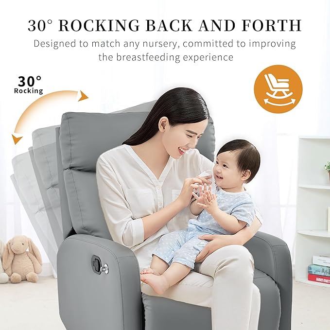Swivel Rocker Recliner Chair for Nursery, Upholstered 360° Leather-air Glider Rocking Chair with Phone Holder, Manual Small Recliners for Small Spaces Living Room