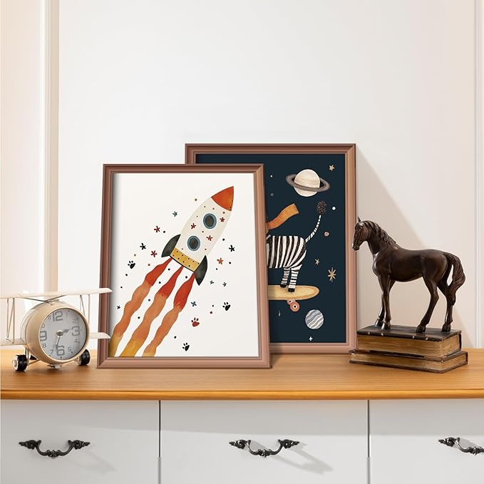 VONTP Space Animal Nursery Kids Wall Art Decor, Space Rocket Planet Lion Zebra Nursery Prints Poster Wall Decorations for Kids Girls Boys Toddler Room Bedroom Playroom, 8x10 Inch Set of 4 (Unframed)