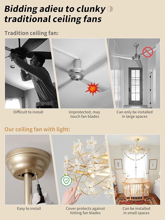 20" Gold Crystal Fandelier Ceiling Fan with Light, Mid-Century Chandelier Ceiling Fan with Light Remote Control, Flower Caged Enclosed 6 Speeds for Bedroom, Nursery, Foyer, Living Room